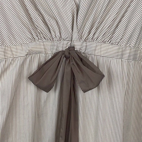 L BCBGMAXAZRIA Flounce Bell Sleeve Elastic Waist Pinstripe Boho V Neck Bow Dress - Picture 5 of 8
